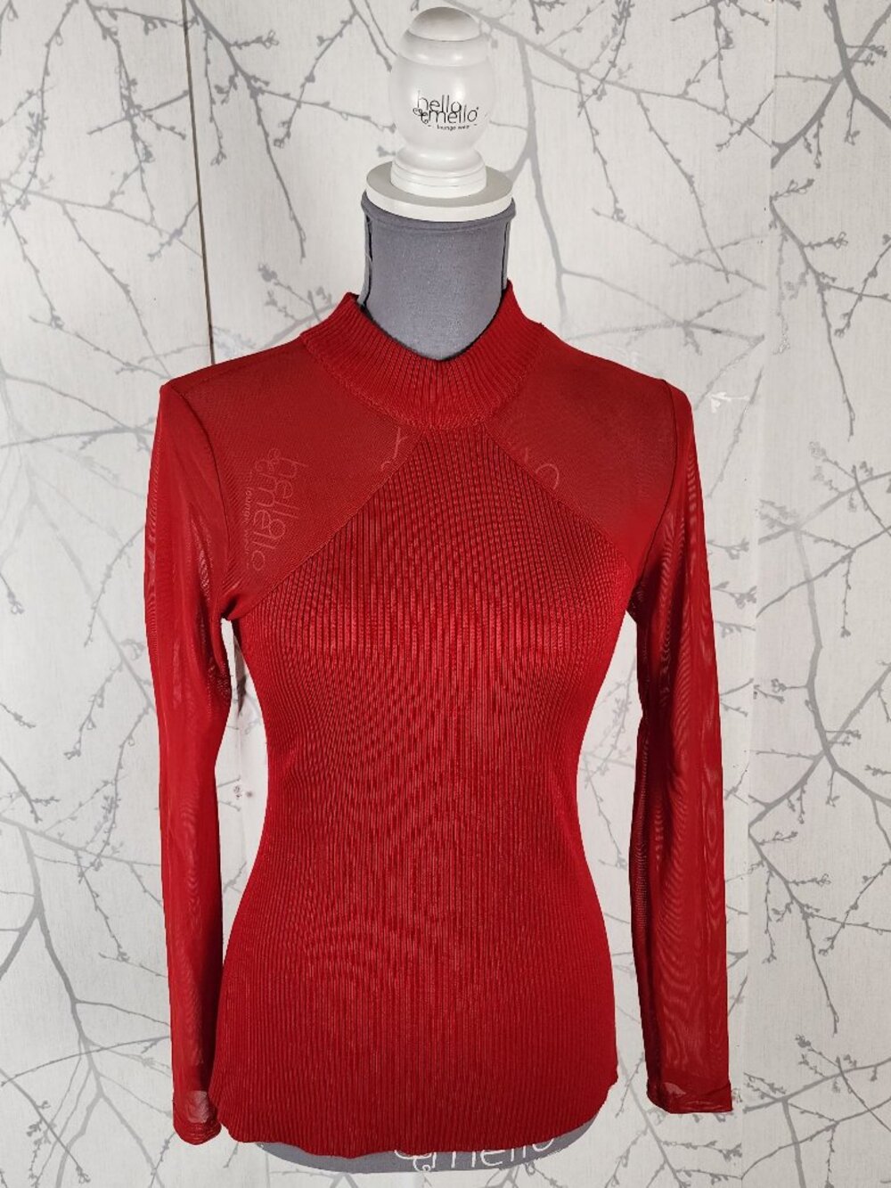 Almost Famous Red Ribbed Knit Mesh Panel Mockneck Top